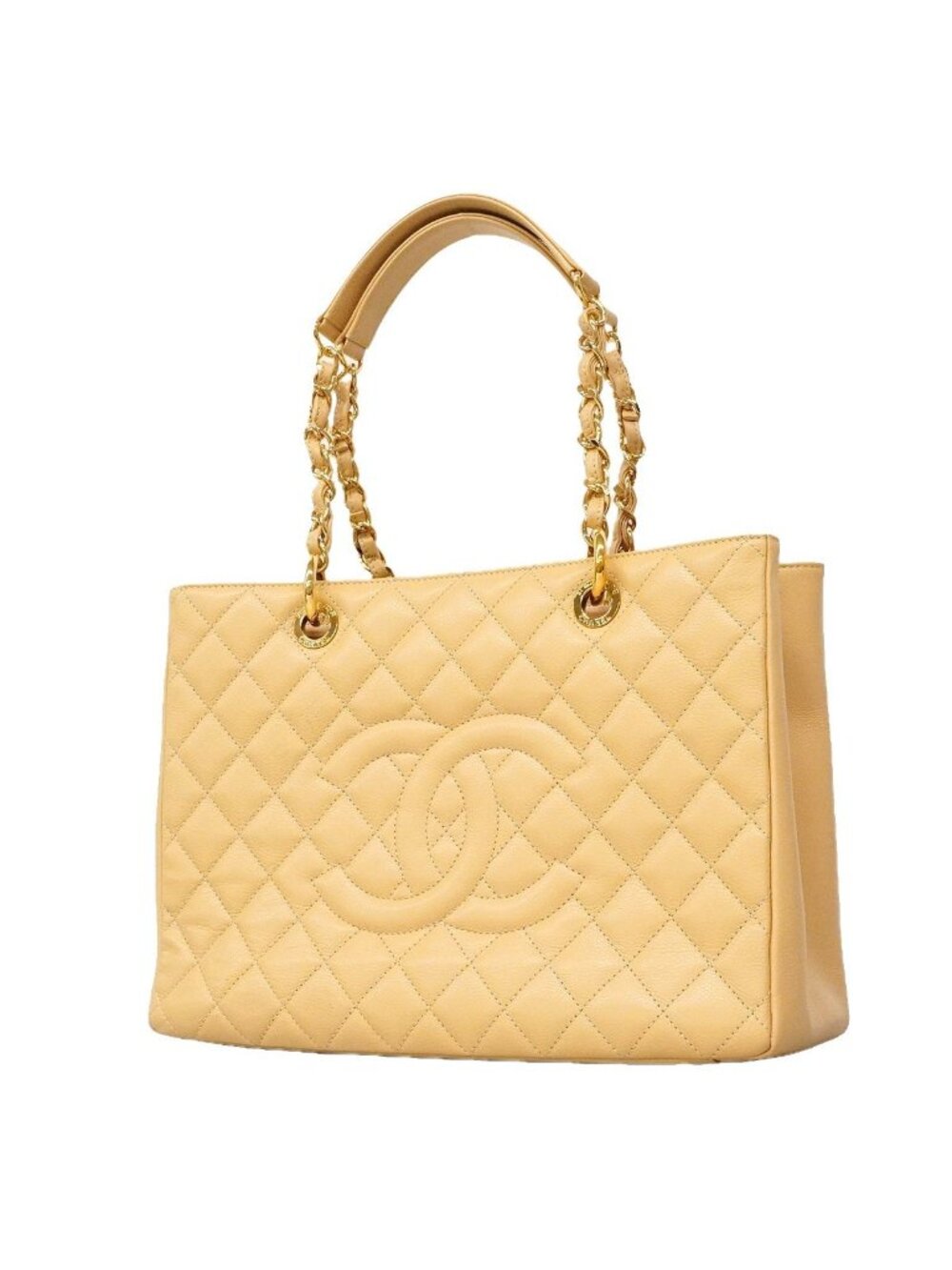 Chanel Chain Tote Bag Quilted Caviar Leather Beige Gold